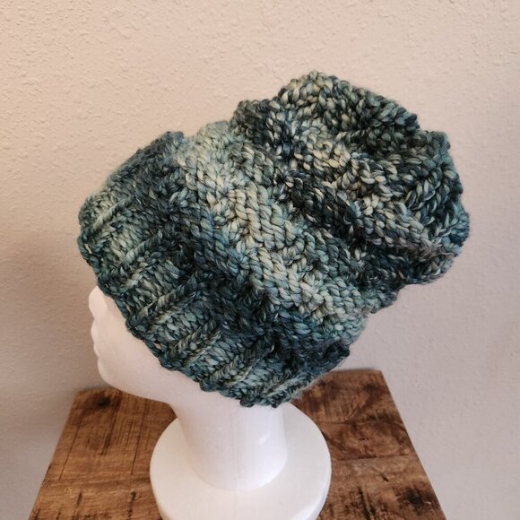 Handknit Green Colorful Winter Hat One of A Kind - Picture 1 of 4